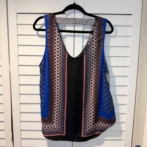 Fun 2 Fun Womens XL Blue Boho Geometric Print V-Neck Sleeveless Tank Top Keyhole